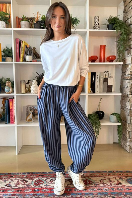 The Sunday Morning Stripe Twist Pant Navy Denim